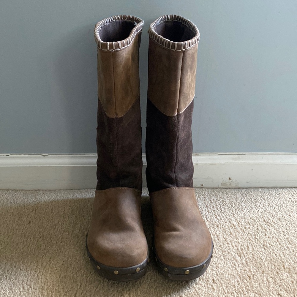 Crocs boots suede leather Brown patch work multi color brown